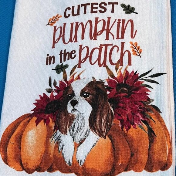 NWT 2 CAVALIER KING CHARLES CUTEST PUMPKIN IN THE PATCH KITCHEN TOWELS 18" X 28" - Picture 3 of 14